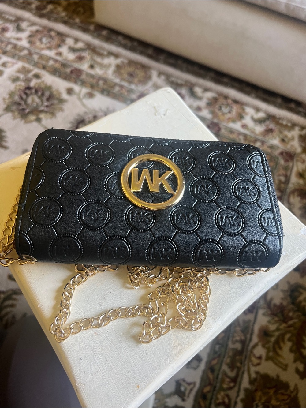 WK Black Embossed Logo Chain Wallet